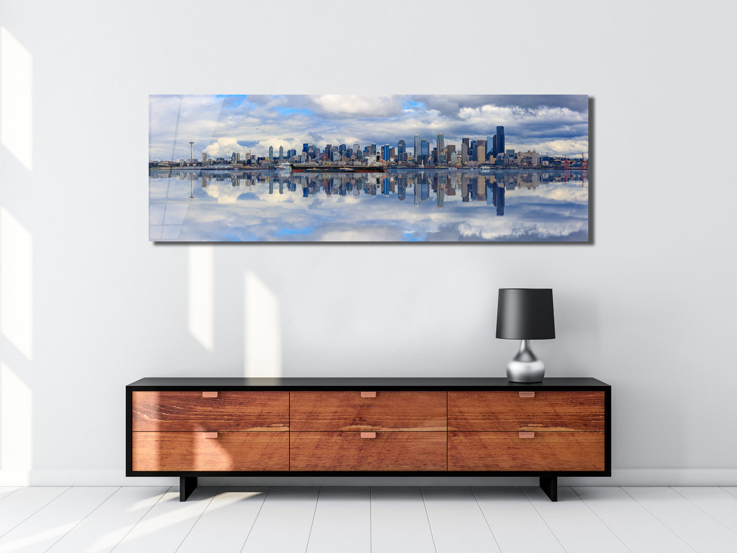 Seattle Skyline Panoramic Metal Print — Space Needle & Waterfront Reflection (Aluminum Wall Art)