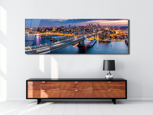 Philadelphia Skyline at Dusk Panoramic Metal Print — Benjamin Franklin Bridge & Waterfront (Aluminum Wall Art)