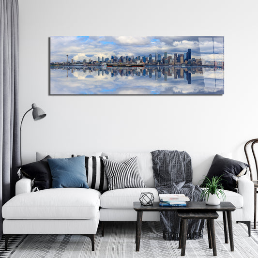 Seattle Skyline Panoramic Metal Print — Space Needle & Waterfront Reflection (Aluminum Wall Art)