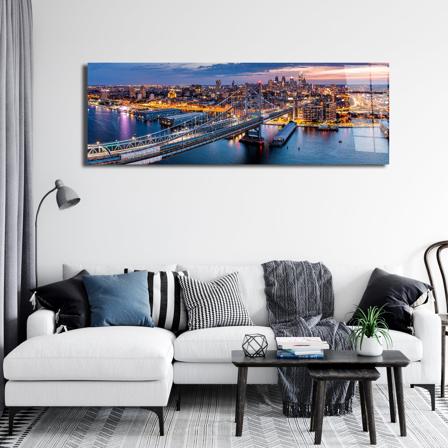 Philadelphia Skyline at Dusk Panoramic Metal Print — Benjamin Franklin Bridge & Waterfront (Aluminum Wall Art)
