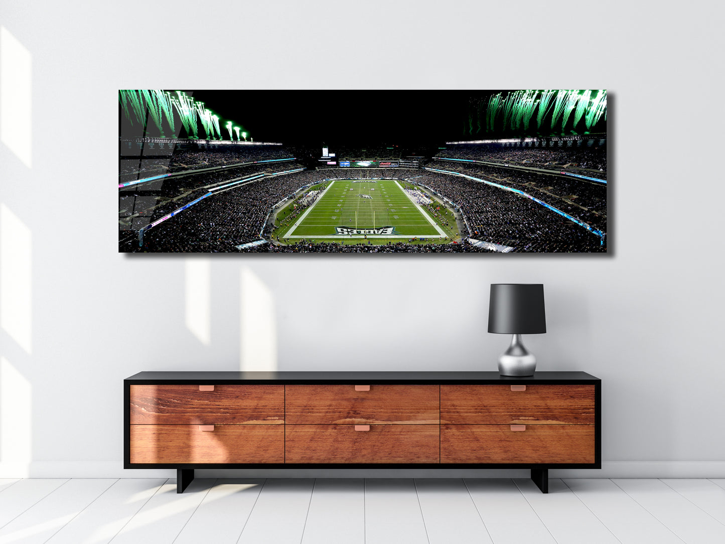 Philadelphia Stadium Game-Night Panoramic Metal Print — Fireworks Over the Field (Aluminum Wall Art)