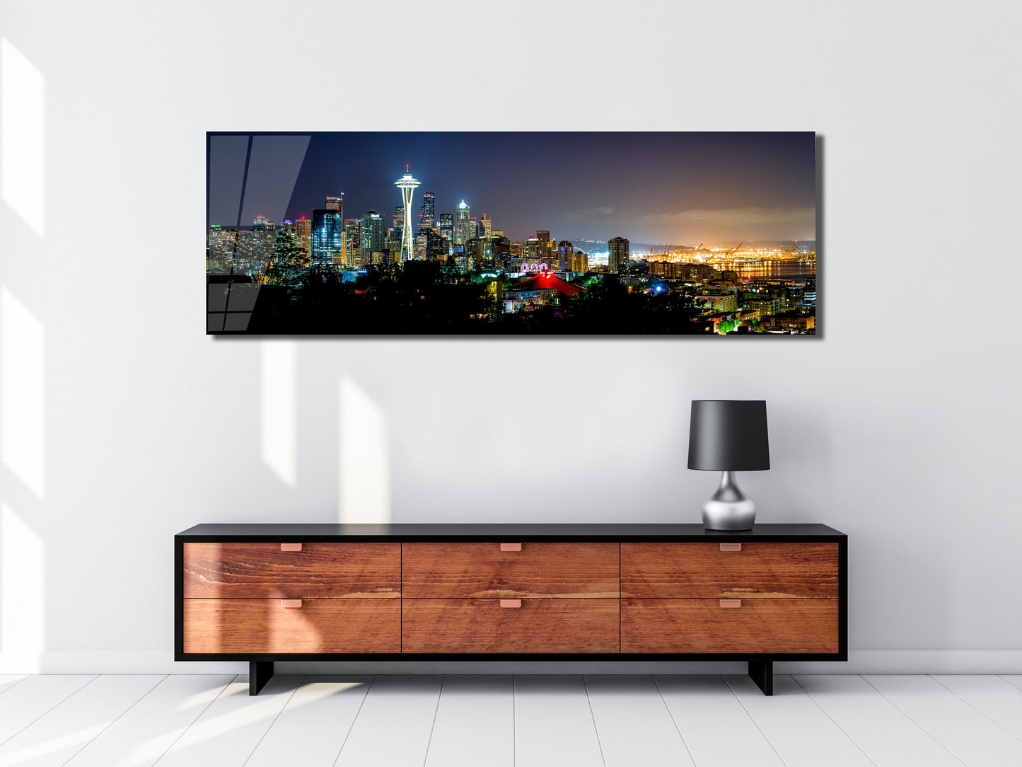 Seattle Space Needle Night Panoramic Metal Print — Downtown Skyline (Aluminum Wall Art)