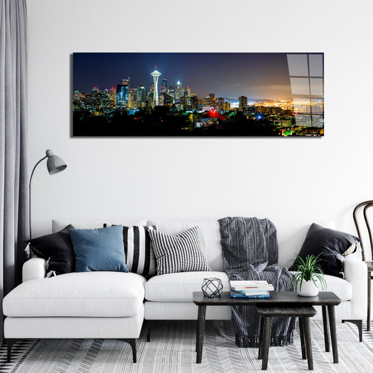 Seattle Space Needle Night Panoramic Metal Print — Downtown Skyline (Aluminum Wall Art)