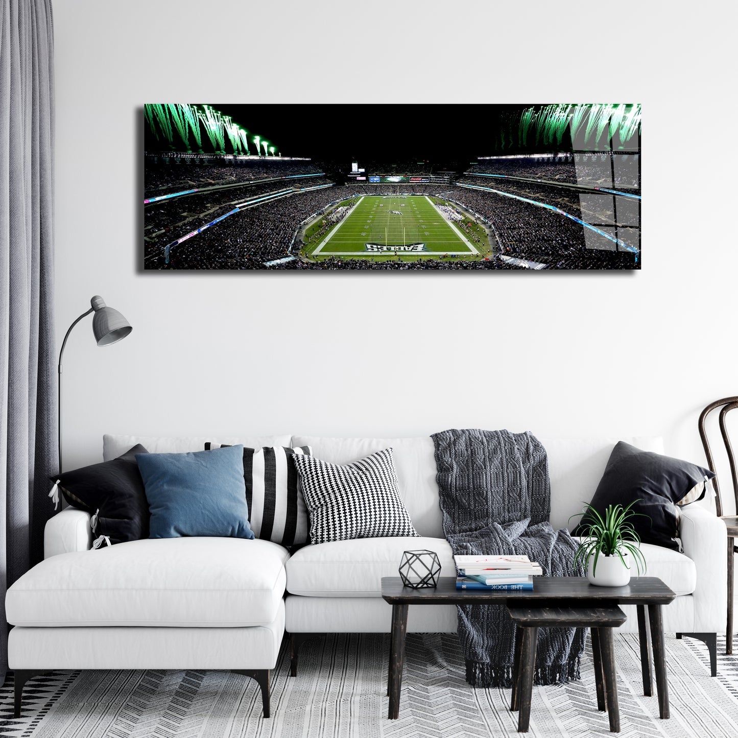 Philadelphia Stadium Game-Night Panoramic Metal Print — Fireworks Over the Field (Aluminum Wall Art)