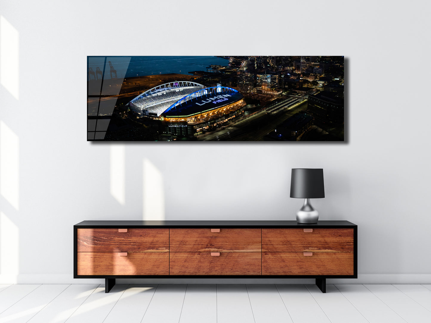 Seattle Stadium Night Aerial Panoramic Metal Print — Downtown Skyline & Waterfront (Aluminum Wall Art)