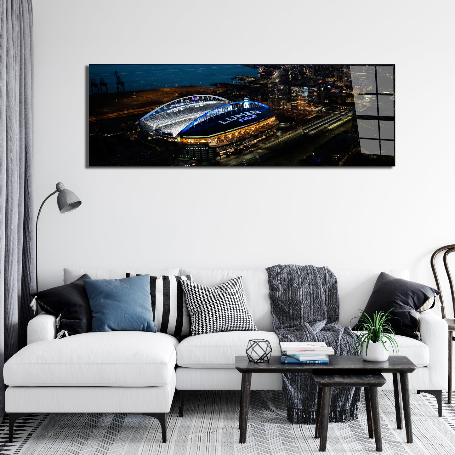 Seattle Stadium Night Aerial Panoramic Metal Print — Downtown Skyline & Waterfront (Aluminum Wall Art)
