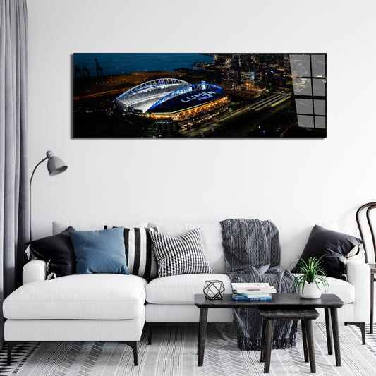 Seattle Stadium Night Aerial Panoramic Metal Print — Downtown Skyline & Waterfront (Aluminum Wall Art)