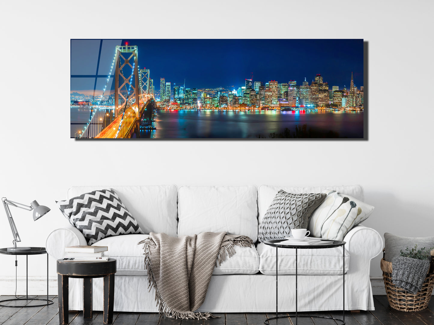 San Francisco Skyline & Bay Bridge – Panoramic Night Cityscape Metal Canvas Wall Art