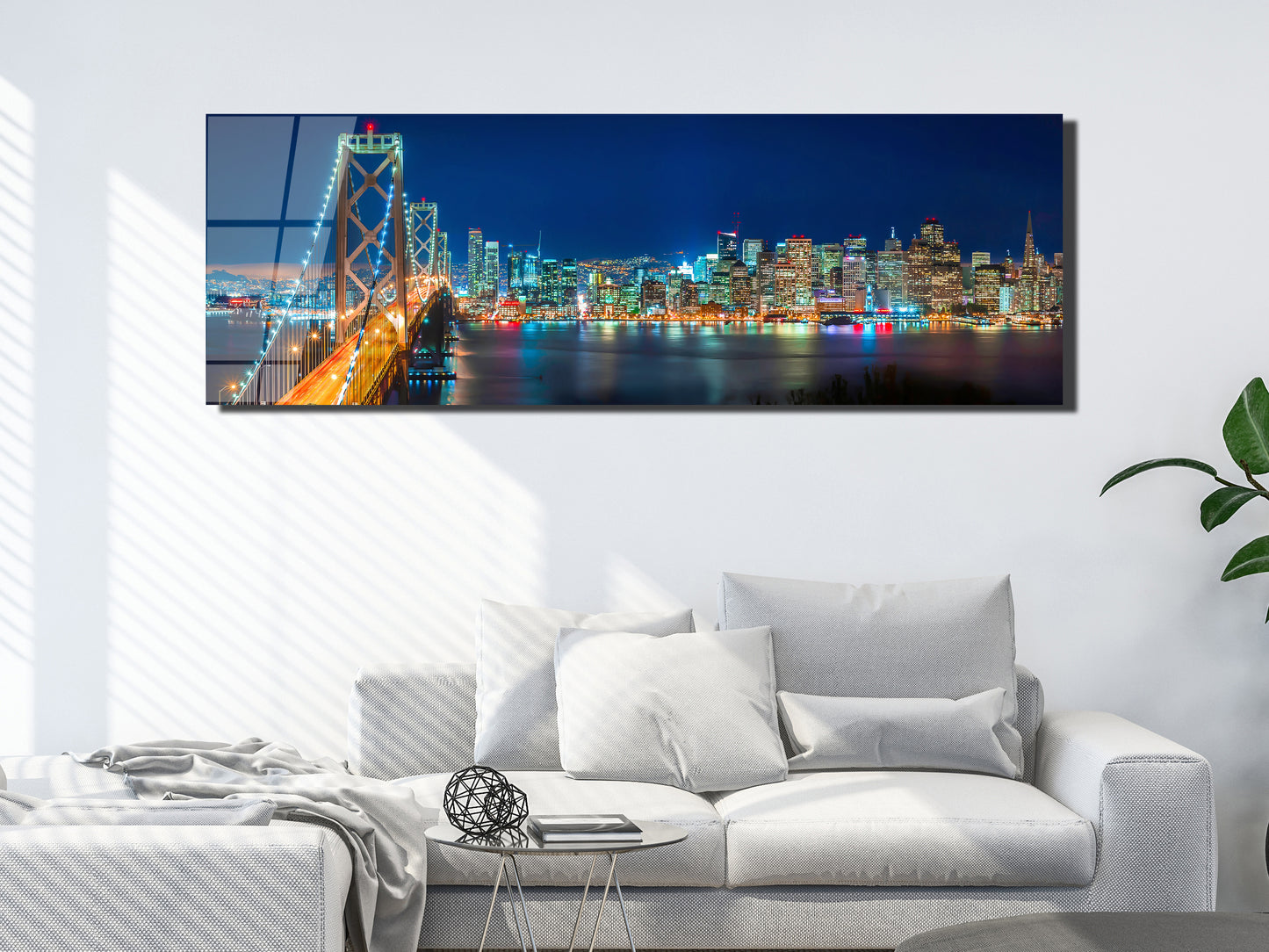 San Francisco Skyline & Bay Bridge – Panoramic Night Cityscape Metal Canvas Wall Art