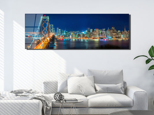San Francisco Skyline & Bay Bridge – Panoramic Night Cityscape Metal Canvas Wall Art