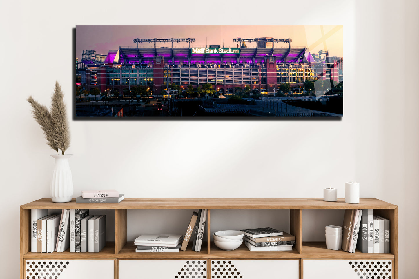 Baltimore M&T Bank Stadium Sunset Panoramic Metal Print — Purple Lights & City Glow (Aluminum Wall Art)