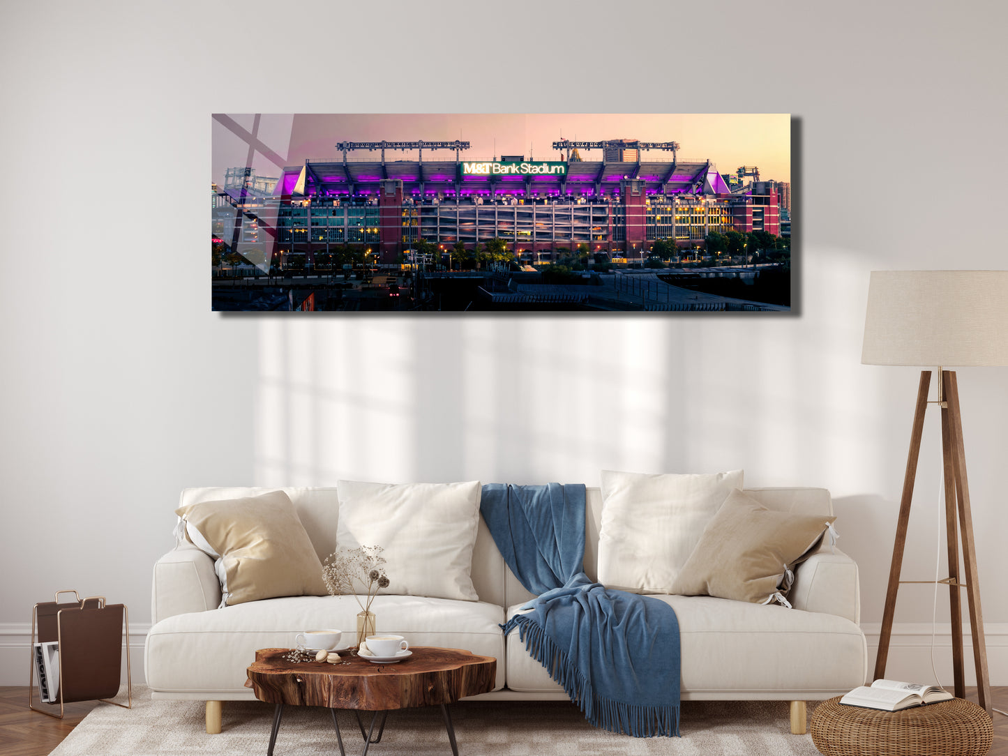 Baltimore M&T Bank Stadium Sunset Panoramic Metal Print — Purple Lights & City Glow (Aluminum Wall Art)