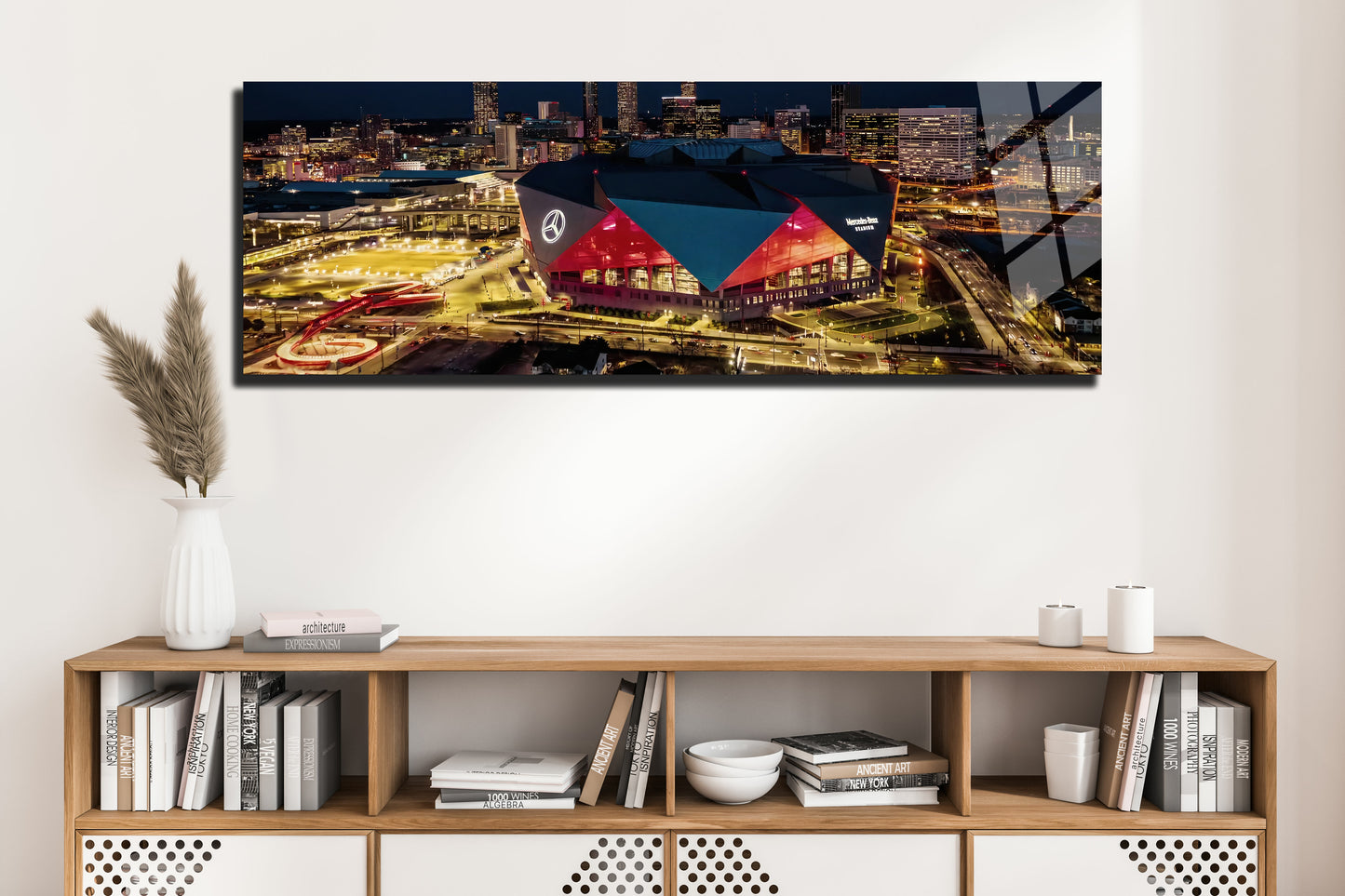 Atlanta Stadium Night Aerial Panoramic Metal Print — Downtown Skyline Glow (Aluminum Wall Art)