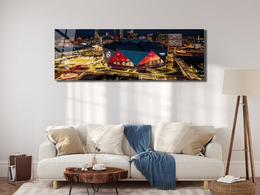 Atlanta Stadium Night Aerial Panoramic Metal Print — Downtown Skyline Glow (Aluminum Wall Art)