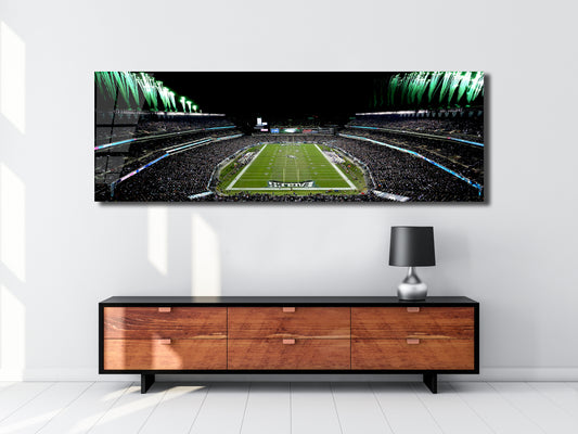 Philadelphia Stadium Game-Night Panoramic Metal Print — Fireworks Over the Field (Aluminum Wall Art)